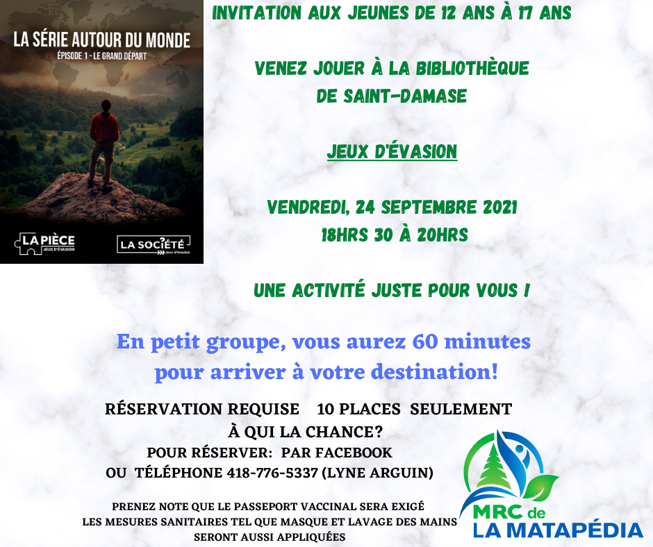 Jeu d'évasion "Le grand départ" à la bibliothèque de SaintDamase La Matapédia